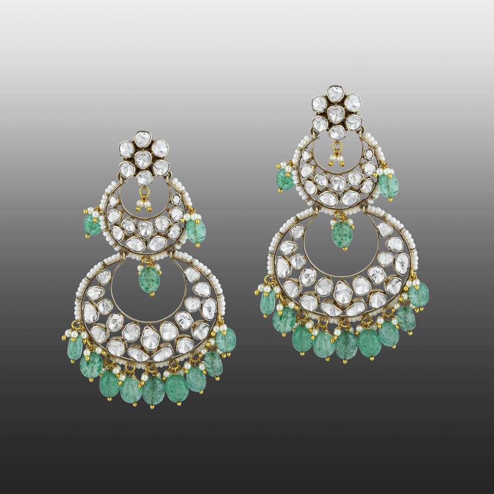 Polki Earrings with Double-Tier Chandbali, Pearl Accents, and Green Drops